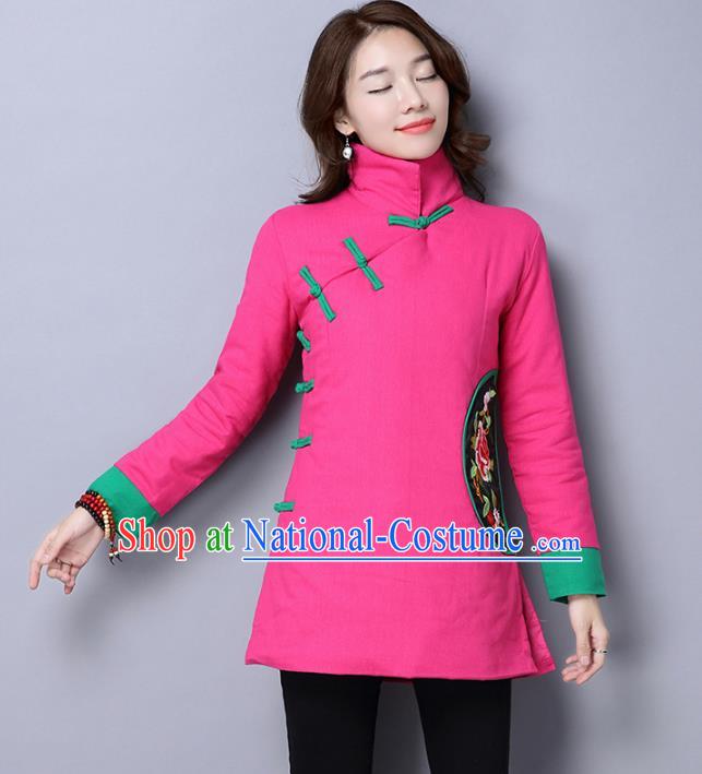 Traditional Chinese National Costume Hanfu Embroidered Peony Cotton-padded Jacket, China Tang Suit Pink Coat for Women