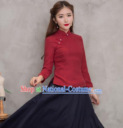 Traditional Chinese National Costume Hanfu Plated Buttons Wine Red Blouse, China Tang Suit Cheongsam Upper Outer Garment Shirt for Women