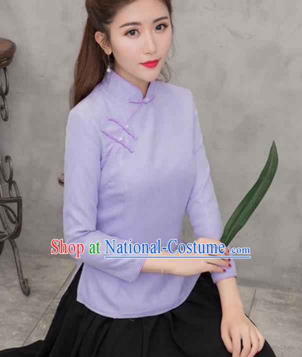 Traditional Chinese National Costume Hanfu Plated Buttons Purple Blouse, China Tang Suit Cheongsam Upper Outer Garment Shirt for Women