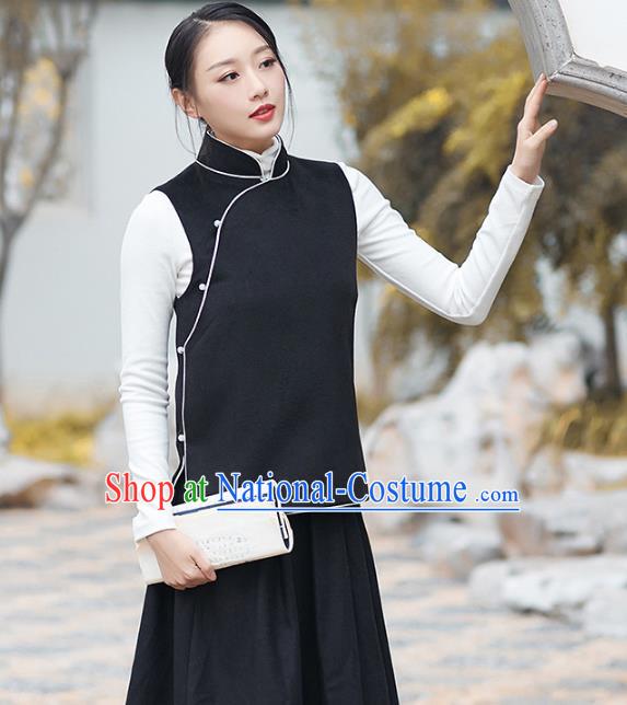 Traditional Chinese National Costume Hanfu Slant Opening Black Wool Vests, China Tang Suit Waistcoat for Women