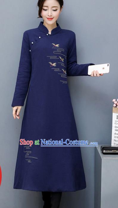 Traditional Chinese National Costume Hanfu Embroidered Navy Qipao, China Tang Suit Cheongsam Dress for Women