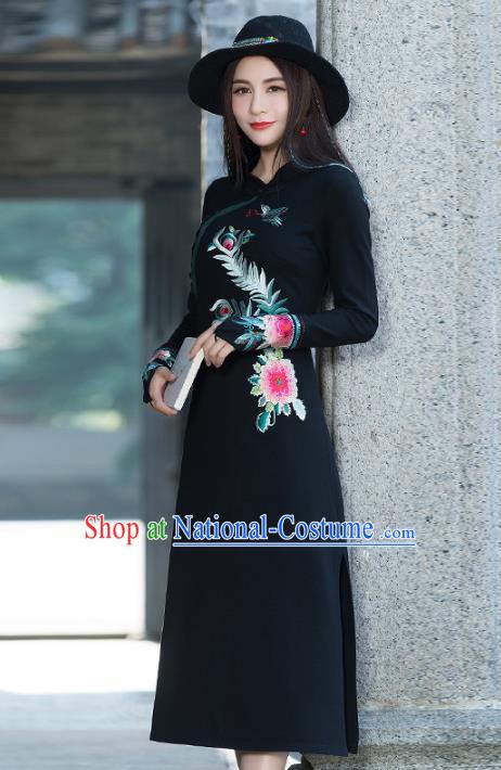 Traditional Chinese National Costume Hanfu Embroidered Peony Black Qipao, China Tang Suit Cheongsam Dress for Women