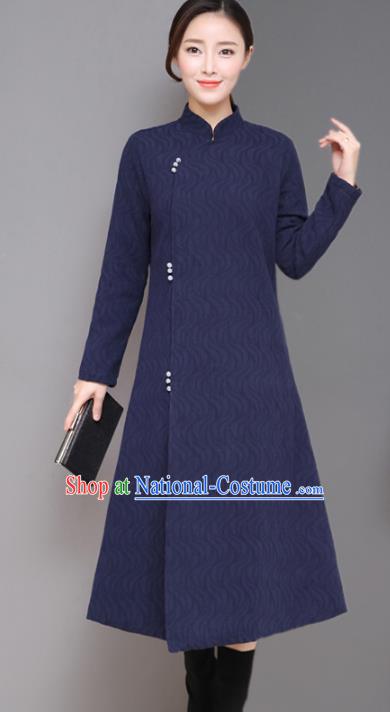 Traditional Chinese National Costume Hanfu Plated Buttons Navy Qipao Dress, China Tang Suit Cheongsam for Women