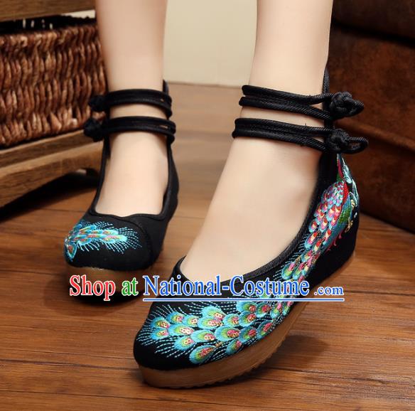 Asian Chinese National Black Embroidered Peacock Shoes, Traditional China Princess Shoes Hanfu Embroidery Shoes for Women