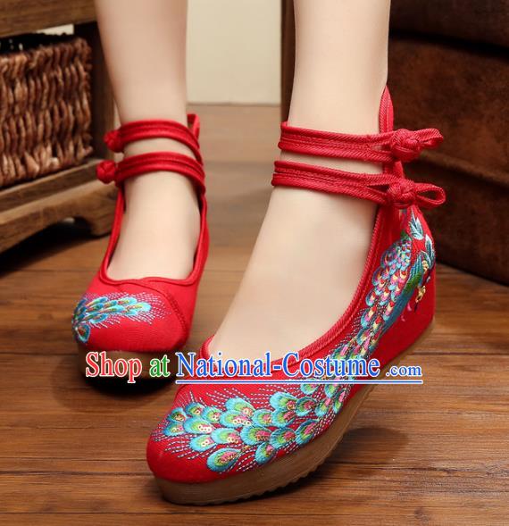 Asian Chinese National Red Embroidered Peacock Shoes, Traditional China Princess Shoes Hanfu Embroidery Shoes for Women