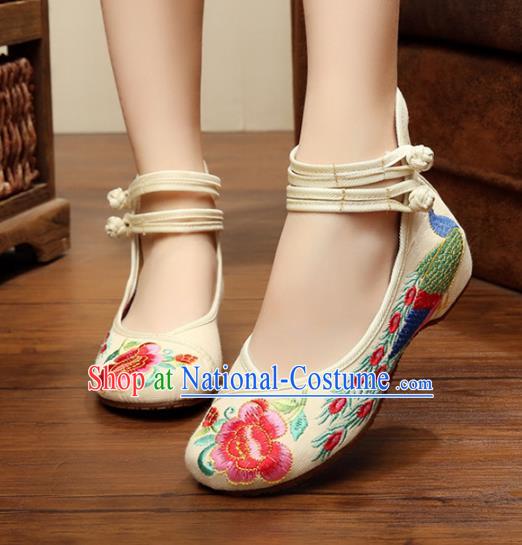 Asian Chinese National Embroidered Peony Phoenix White Shoes, Traditional China Princess Shoes Hanfu Embroidery Shoes for Women