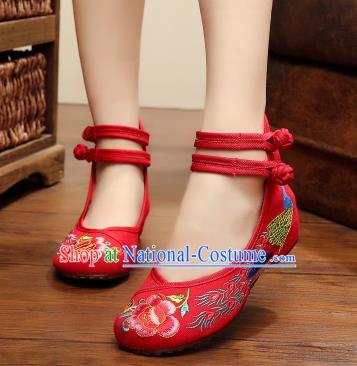 Asian Chinese National Embroidered Peony Phoenix Red Shoes, Traditional China Princess Shoes Hanfu Embroidery Shoes for Women