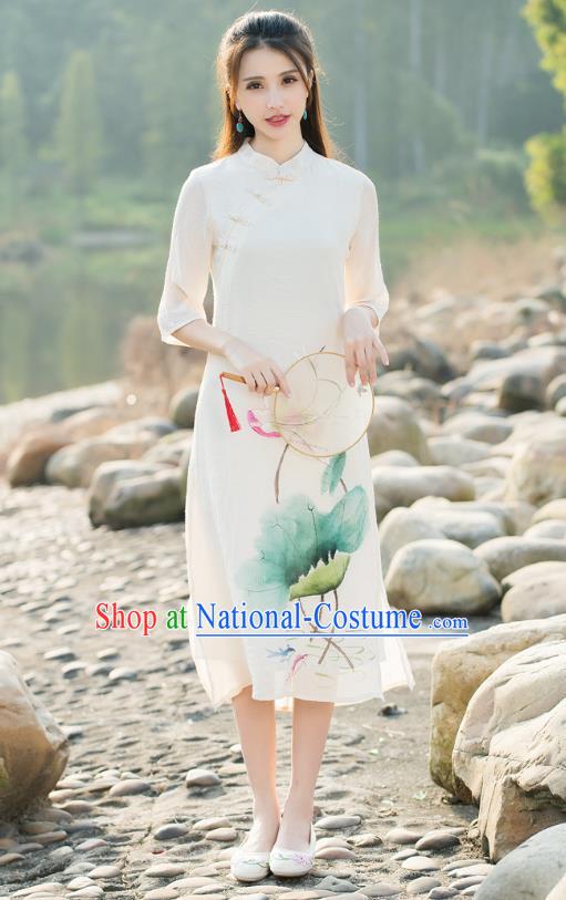 Traditional Chinese National Costume Hanfu Printing Lotus White Qipao, China Tang Suit Cheongsam Dress for Women