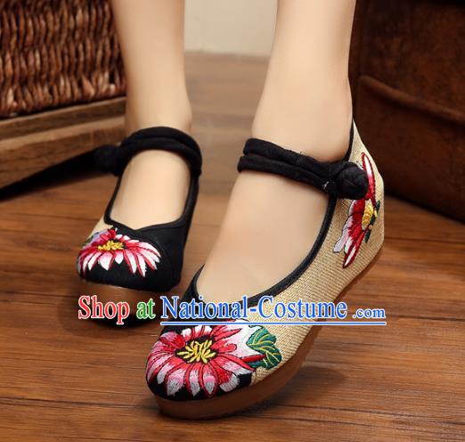 Asian Chinese National Black Linen Embroidered Shoes, Traditional China Princess Shoes Hanfu Embroidery Shoes for Women