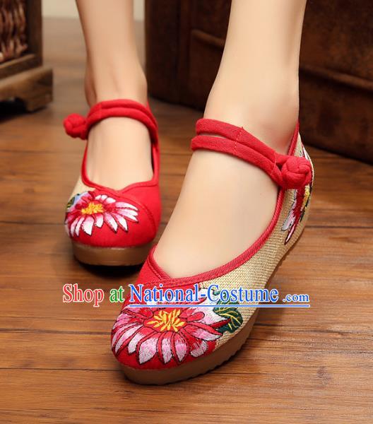 Asian Chinese National Red Linen Embroidered Shoes, Traditional China Princess Shoes Hanfu Embroidery Shoes for Women