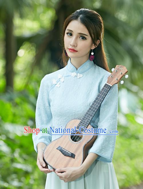 Traditional Chinese National Costume Hanfu Plated Buttons Blue Blouse, China Tang Suit Cheongsam Upper Outer Garment Shirt for Women