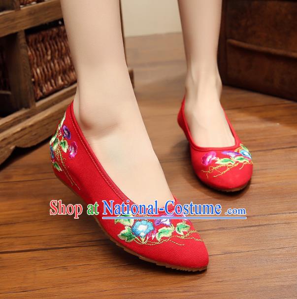 Asian Chinese National Red Embroidered Shoes, Traditional China Princess Shoes Hanfu Embroidery Petunia Shoes for Women