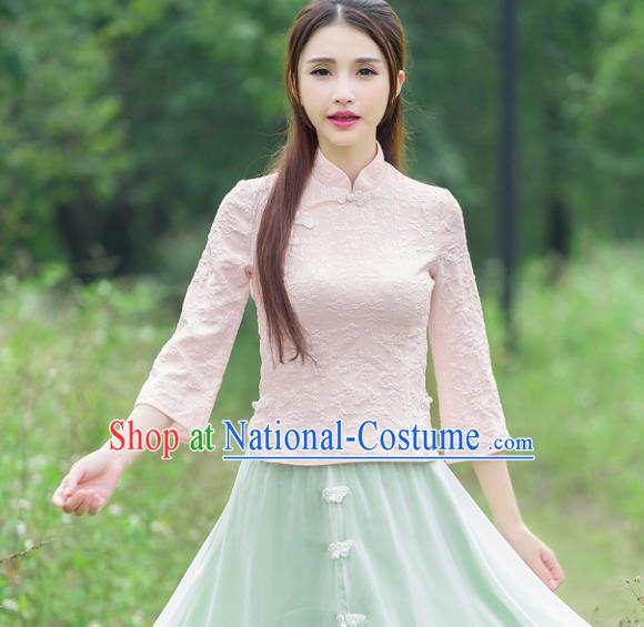 Traditional Chinese National Costume Hanfu Plated Buttons Pink Blouse, China Tang Suit Cheongsam Upper Outer Garment Shirt for Women