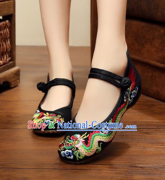 Traditional Chinese National Black Satin Embroidered Lotus Shoes, China Princess Shoes Hanfu Embroidery Dragons Shoes for Women