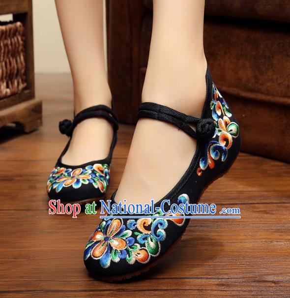 Traditional Chinese National Black Embroidered Shoes, China Princess Shoes Hanfu Embroidery Shoes for Women