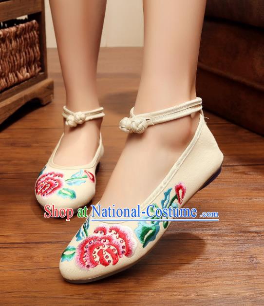 Traditional Chinese National Embroidered Peony White Shoes, China Princess Embroidery Shoes for Women