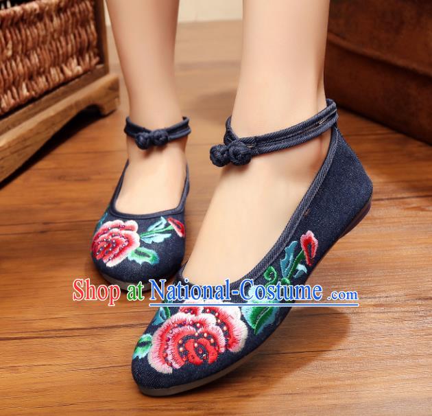 Traditional Chinese National Embroidered Peony Navy Shoes, China Princess Embroidery Shoes for Women