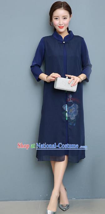 Traditional Chinese National Costume Hanfu Blue Qipao Dress, China Tang Suit Cheongsam for Women