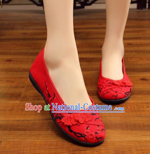 Traditional Chinese National Hanfu Wedding Red Embroidered Shoes, China Princess Embroidery Wintersweet Shoes for Women