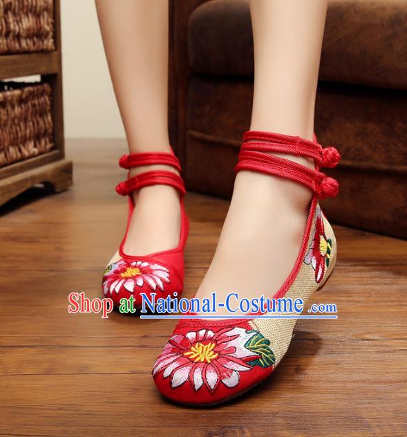 Traditional Chinese National Red Linen Embroidered Shoes, China Princess Shoes Hanfu Embroidery Flower Shoes for Women