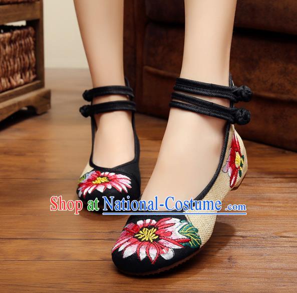 Traditional Chinese National Black Linen Embroidered Shoes, China Princess Shoes Hanfu Embroidery Flower Shoes for Women