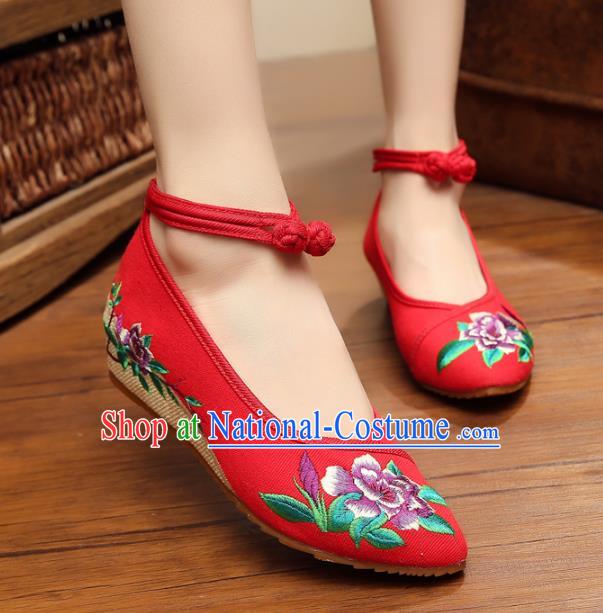 Traditional Chinese National Hanfu Shoes Red Embroidered Shoes, China Princess Shoes Embroidery Flowers Shoes for Women