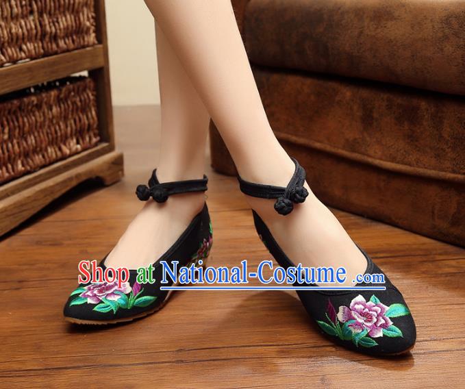 Traditional Chinese National Hanfu Shoes Black Embroidered Shoes, China Princess Shoes Embroidery Flowers Shoes for Women