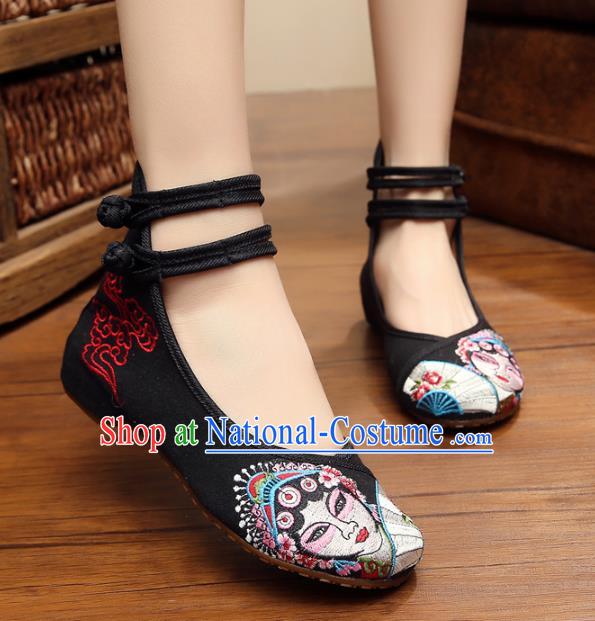 Traditional Chinese National Hanfu Shoes Black Canvas Embroidered Shoes, China Princess Embroidery Shoes for Women