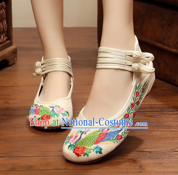 Traditional Chinese National White Embroidered Shoes, China Princess Embroidery Phoenix Peony Shoes for Women