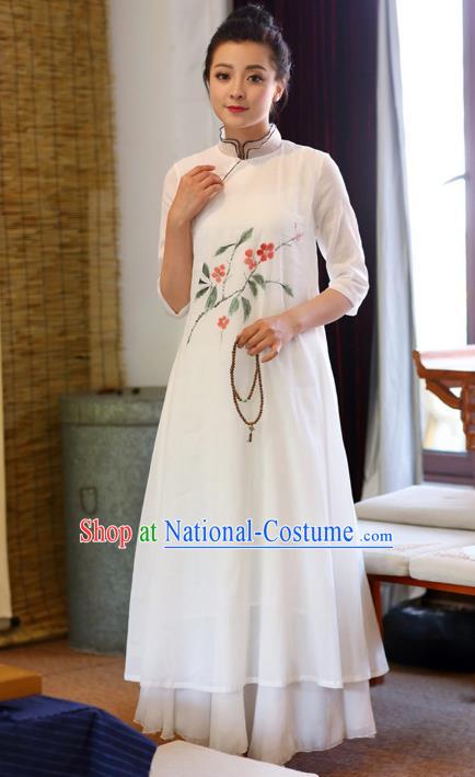 Traditional Chinese National Costume Hanfu Painting Flowers White Linen Qipao Dress, China Tang Suit Cheongsam for Women