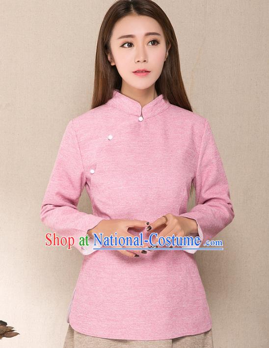 Traditional Chinese National Costume Hanfu Slant Opening Pink Blouse, China Tang Suit Cheongsam Upper Outer Garment Shirt for Women