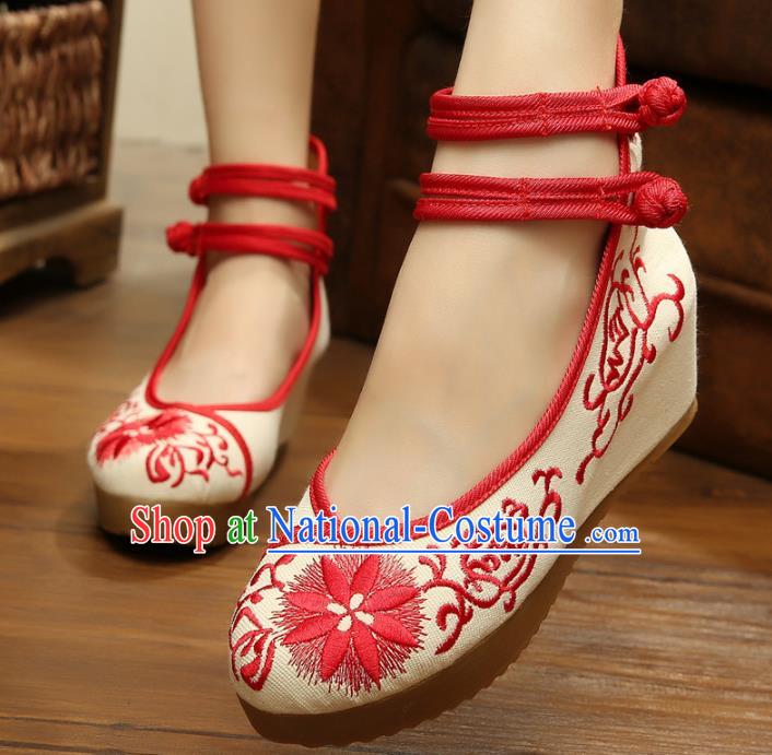 Traditional Chinese National Hanfu Linen Embroidered Shoes, China Princess Shoes Embroidery Red Shoes for Women