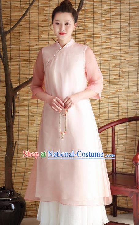 Traditional Chinese National Costume Hanfu Slant Opening Pink Qipao Dress, China Tang Suit Cheongsam for Women