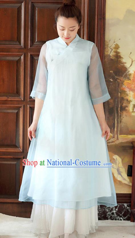 Traditional Chinese National Costume Hanfu Slant Opening Blue Qipao Dress, China Tang Suit Cheongsam for Women