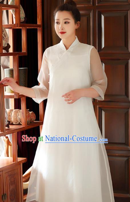 Traditional Chinese National Costume Hanfu Slant Opening White Qipao Dress, China Tang Suit Cheongsam for Women