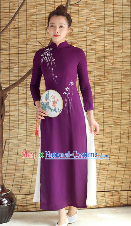 Traditional Chinese National Costume Hanfu Purple Qipao Dress, China Tang Suit Cheongsam for Women