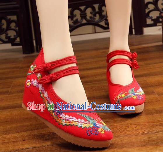 Traditional Chinese National Hanfu Wedding Red Embroidered Shoes, China Princess Embroidery Phoenix Shoes for Women