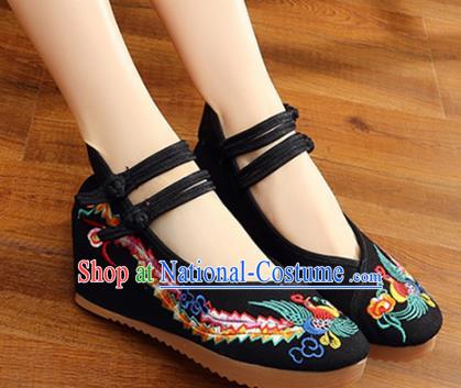 Traditional Chinese National Hanfu Wedding Black Embroidered Shoes, China Princess Embroidery Phoenix Shoes for Women