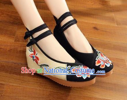 Traditional Chinese National Hanfu Wedding Black Embroidered Shoes, China Princess Embroidery Peony Shoes for Women