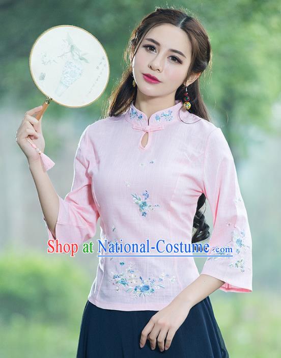 Traditional Chinese National Costume Hanfu Embroidery Pink Blouse, China Tang Suit Cheongsam Upper Outer Garment Shirt for Women