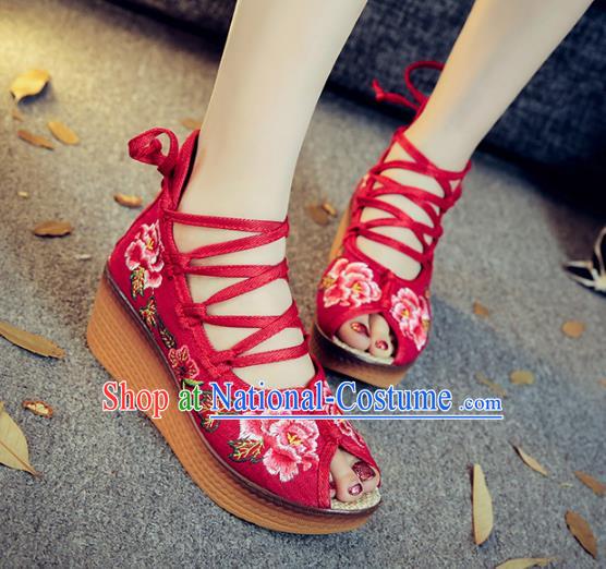 Traditional Chinese National Hanfu Red Embroidered Shoes, China Princess Embroidery Peep-toe Shoes for Women