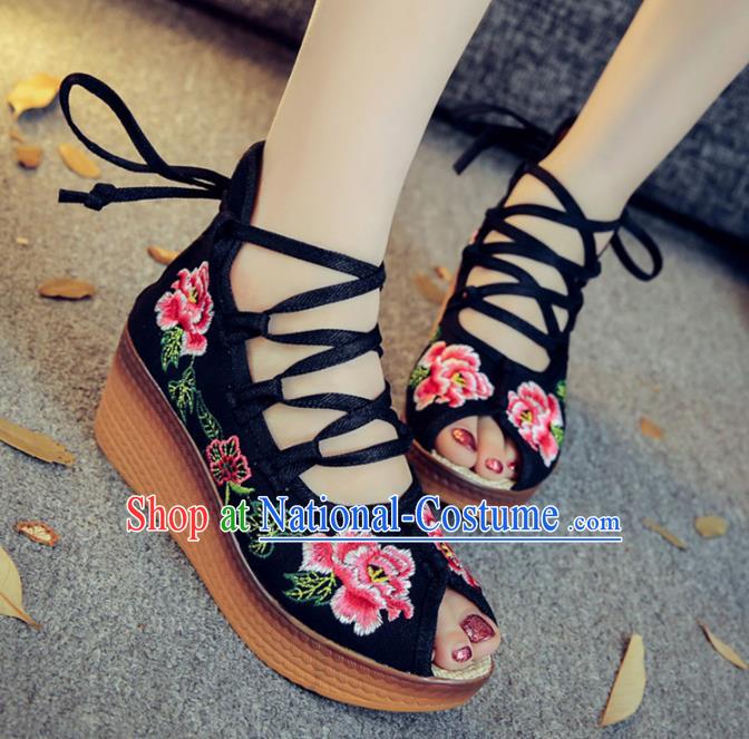 Traditional Chinese National Hanfu Black Embroidered Shoes, China Princess Embroidery Peep-toe Shoes for Women