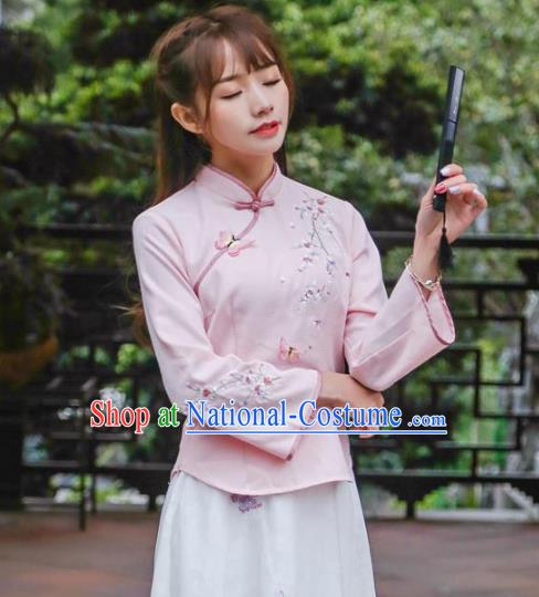 Traditional Chinese National Costume Hanfu Pink Embroidered Qipao Blouse, China Tang Suit Cheongsam Upper Outer Garment Shirt for Women