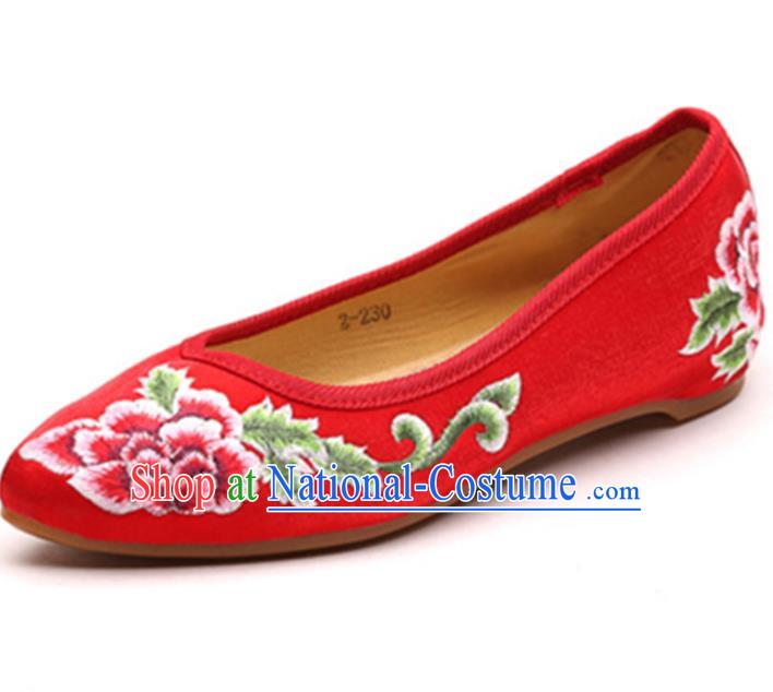 Traditional Chinese National Hanfu Embroidered Shoes, China Princess Embroidery Peony Red Shoes for Women