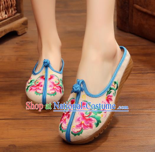 Traditional Chinese National Hanfu Embroidered Slippers, China Princess Embroidery Peony White Shoes for Women