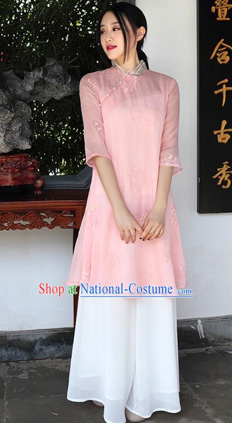 Traditional Chinese National Costume Hanfu Pink Embroidered Qipao Dress, China Tang Suit Cheongsam for Women