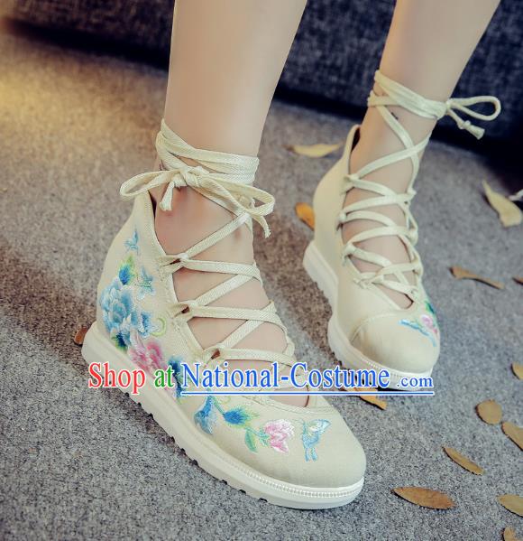 Traditional Chinese National Hanfu White Embroidered Shoes, China Princess Embroidery Peony Shoes for Women