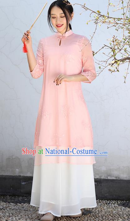 Traditional Chinese National Costume Hanfu Pink Qipao Dress, China Tang Suit Embroidered Cheongsam for Women