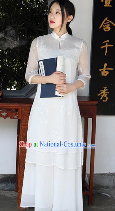 Traditional Chinese National Costume Hanfu White Qipao Dress, China Tang Suit Embroidered Cheongsam for Women