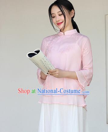 Traditional Chinese National Costume Hanfu Pink Embroidery Qipao Blouse, China Tang Suit Cheongsam Upper Outer Garment Shirt for Women